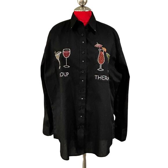 Vintage Tops - Las Olas black bejeweled novelty blouse Group Therapy cocktail glasses Size M